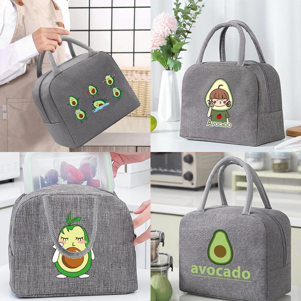 

1PCS Portable Lunch Bags for Women Insulated Canvas Cooler Bag Thermal Food Picnic Lunch Box Kids Grey Avocado Pattern Sreies