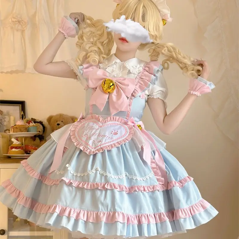 

Japanese Sweetheart Lolita JSK Dress Women Kawaii Bow Maid Strap Apron Party Dresses Girl Harajuku Cute Ruffles Cosplay Dress