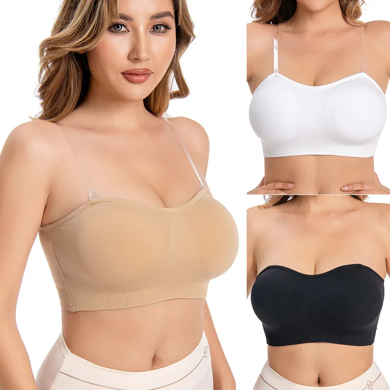 

Strapless Bra for Women Padded Bandeau Bras Non-Slip Seamless Wireless Tube Top Sports Bra Nude Seamless Full-Coverage T-Shirt