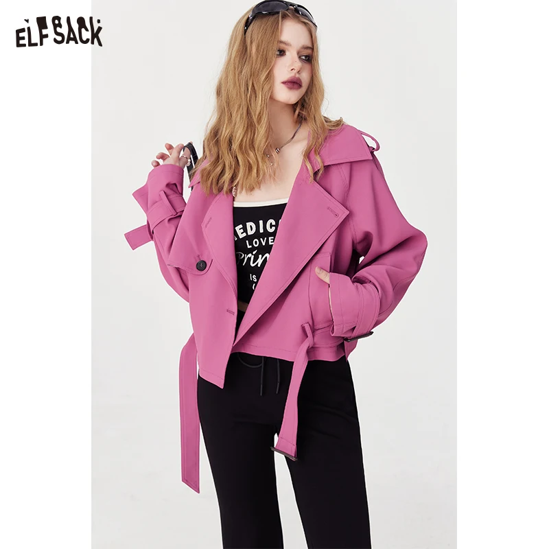 

ELFSACK versatile casual windbreak cropped coat for women 2024 spring new loose lapel young energrtic pink coat