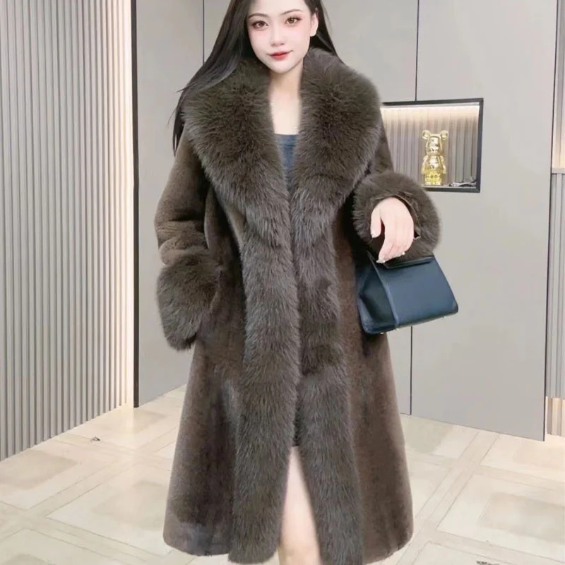 

Winter Warm Imitate Mink Fur Grass Coat For Women 2024 New Fur And Fur Integrated Fox Collar Mid Length Coat Trend Woolen Collar