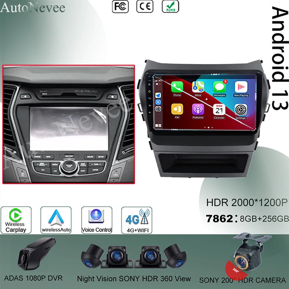 

Android 13 For Hyundai Santa Fe 3 IX45 2013 - 2017 Car Radio Video Player GPS Bluetooth NO 2din Auto Touch QLED Screen DSP IPS