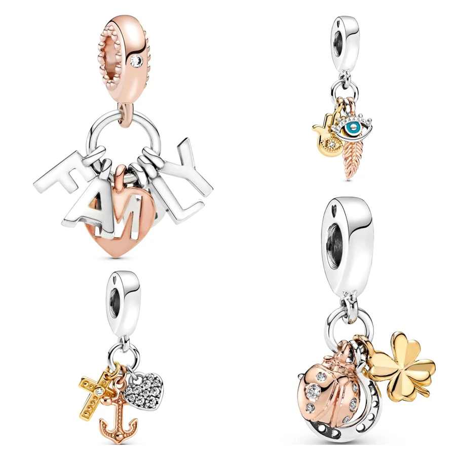 

Silver 925 Horseshoe Clover & Ladybird Family Letters Dangle Bead Charm Fit Original Pandora Bracelet DIY Jewelry For Women