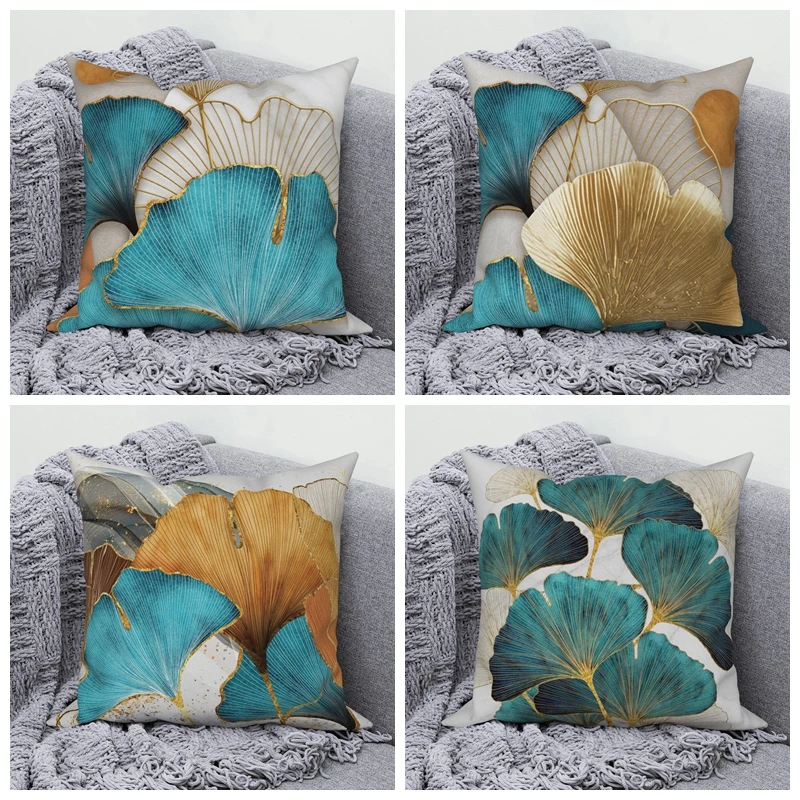 

Decorative Throw Pillow Covers Green Gold Ginkgo Leaf Print Linen Cushion Covers Morden Couch Square Pillows Cases Sofa Decor