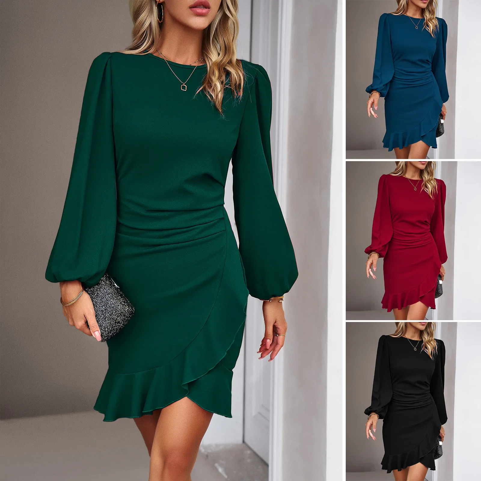 

YEAE Solid Colour Long Sleeve Women's Casual Fashion Package Hip Dress Spring Summer Hot Daily Commuter Women's Midi Dress New