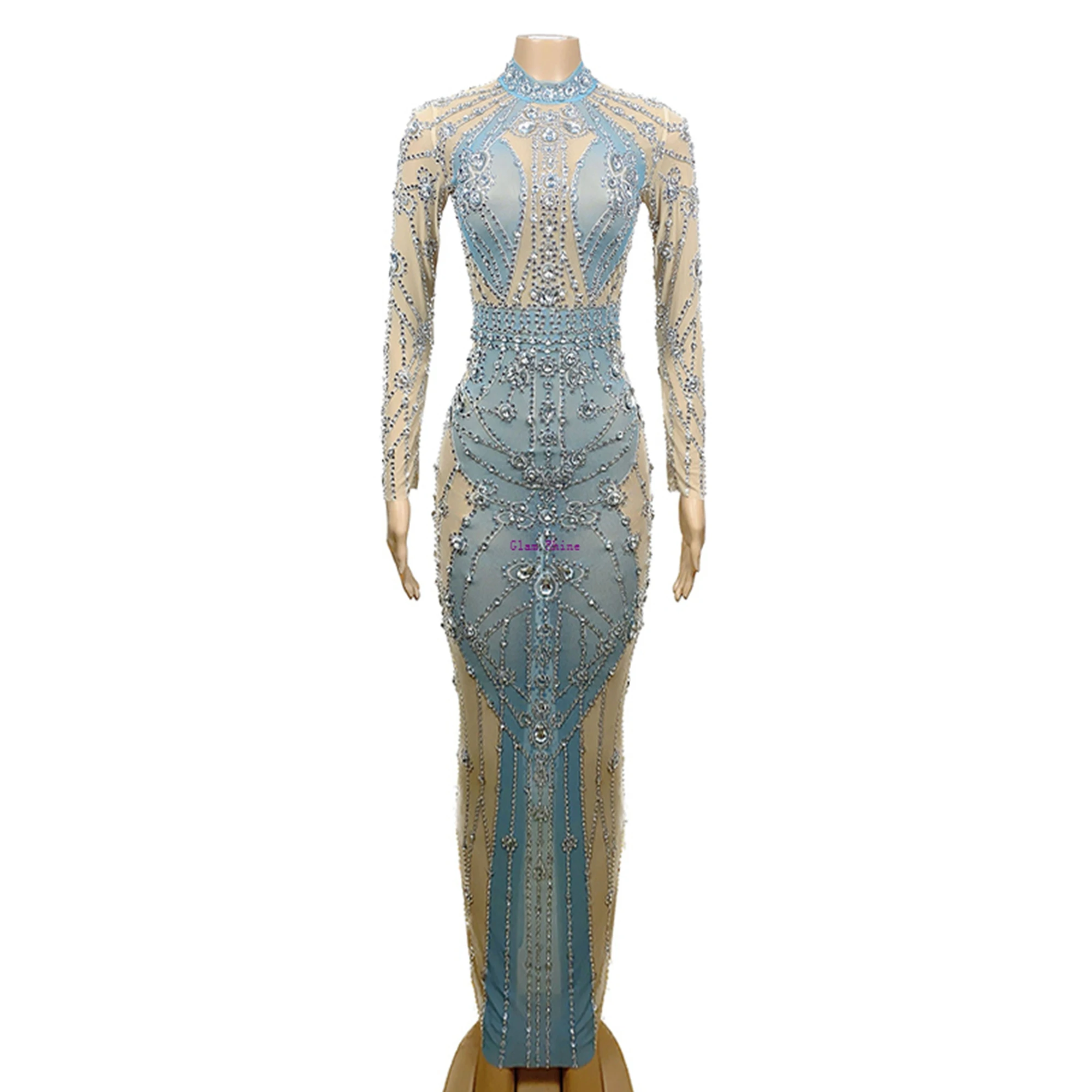 

See Through Mesh Gown for Evening Bejeweled Crystal Fish Scales Overall Costume Burlesque Midi for Women
