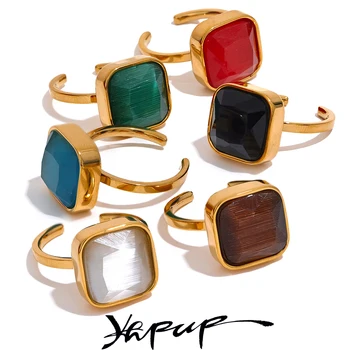 Yhpup Colorful Opal Natural Cat Eye Stone Stainless Steel Square Open Ring High Quality Rust Proof Gold Color Finger Jewelry