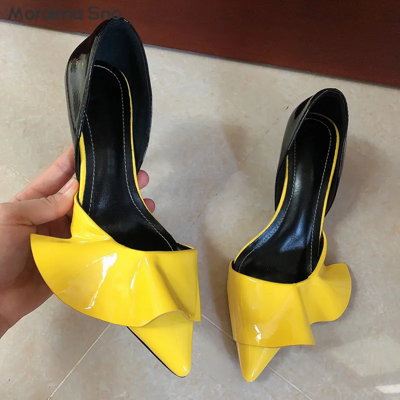 

Ruffled Patent Leather High Heels Pointed Toe Stiletto Heels High Shallow Mouth Multi-Color Pumps Fashionable Shoes for Women