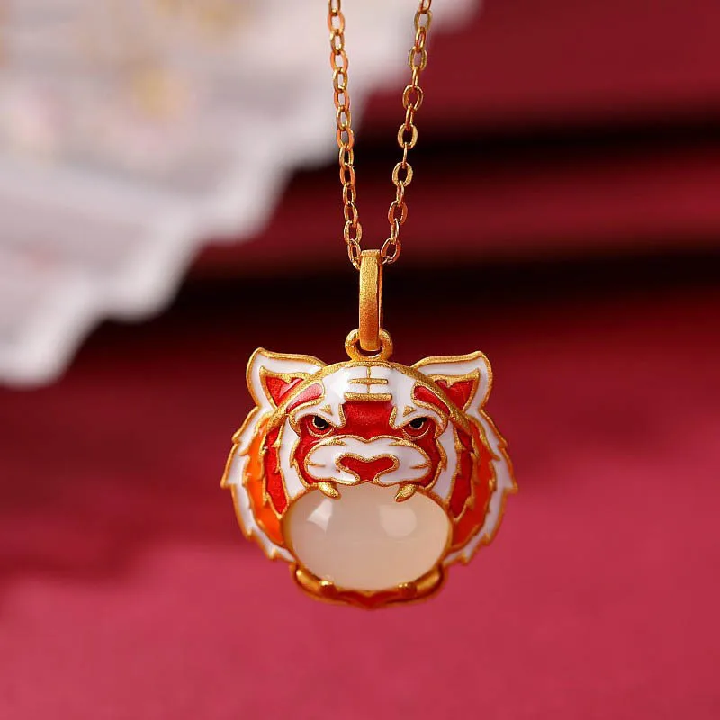 

Natural Agate Jade Chalcedony Zodiac Tiger Pendant Necklace Fashion Retro Style Charming S925 Silver Jewelry Gift for Women