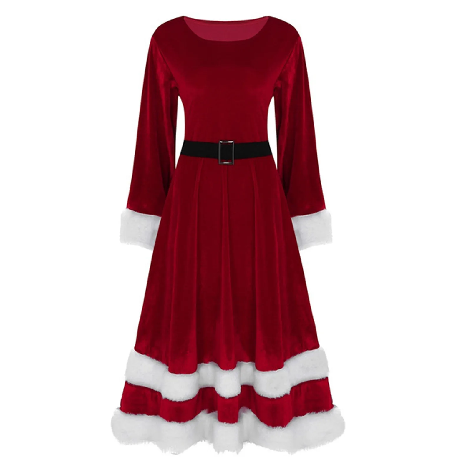 

Velvet Christmas Dress Women Vintage O Neck Full Sleeve Mid-Calf Long Dresses Autumn Winter Fleece Thicken Warm Patchwork Dress