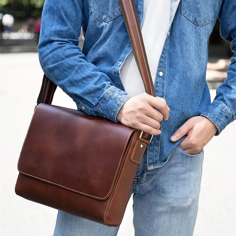 

Genuine Leather Messenger Bag For Man Vintage Crazy Horse leather Shoulder Bag Cowhide Magnetic Flap Laptop Crossbody Bag