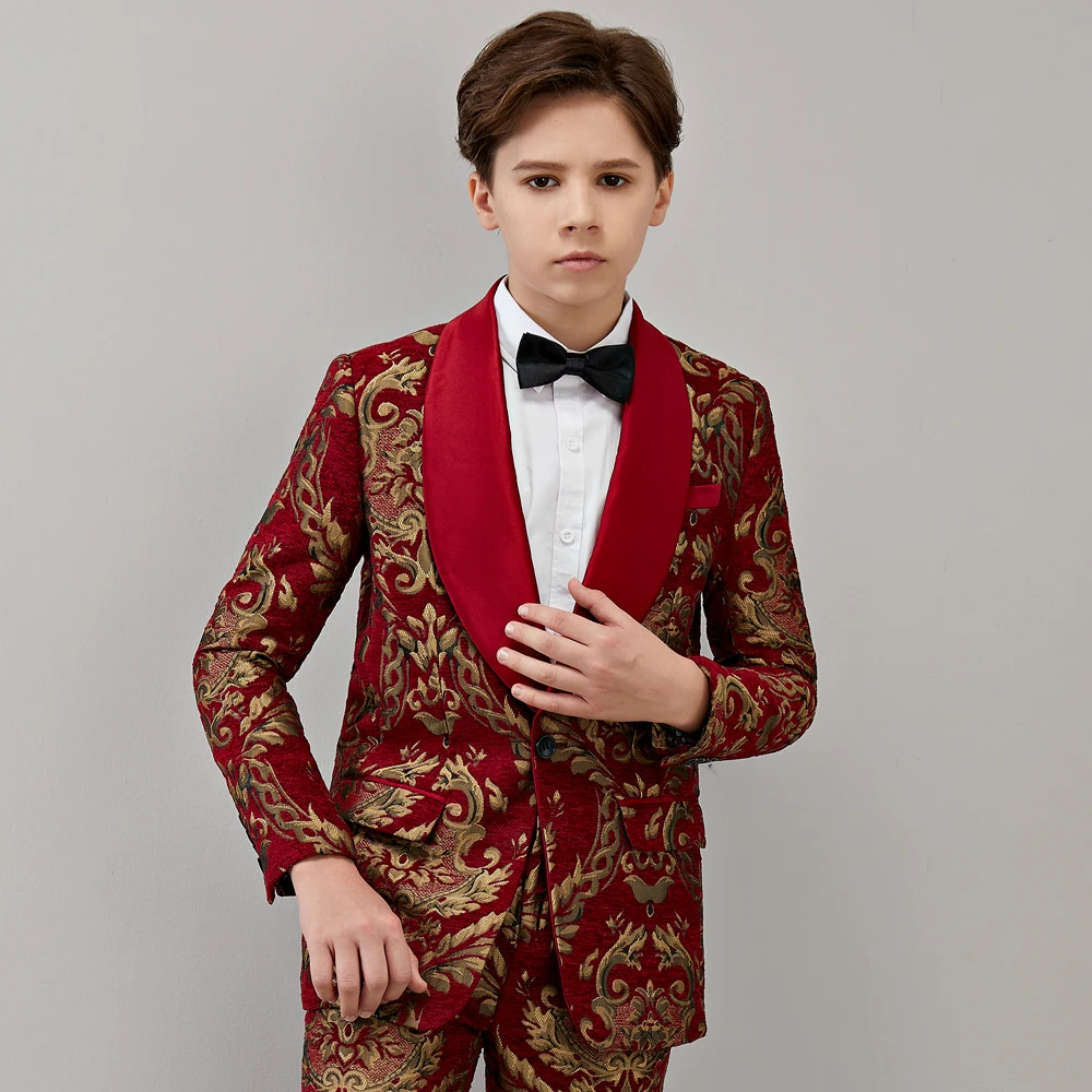 

Boy's Costume Baby Suits Children Wedding For Boys Blazer Kids Prom Formal Clothes Evening Dresses 2PCS Wine Red Jacquard Lapel