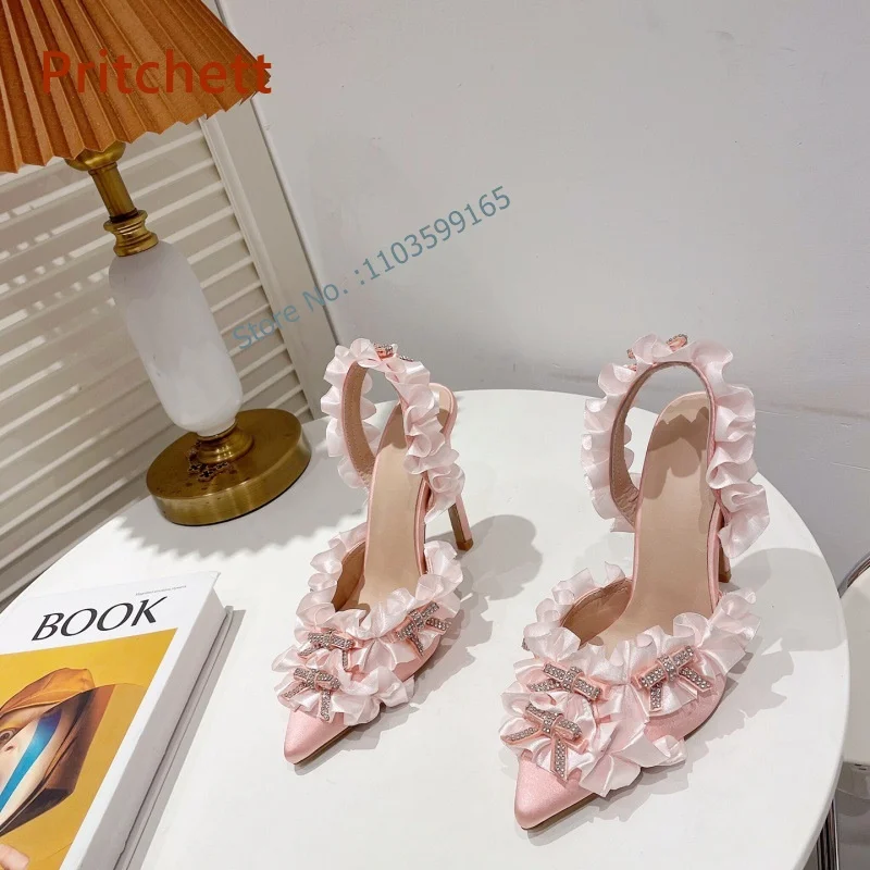 

Butterfly Knot Lace Crystal Pumps Pointy Toe Slip On Thin Heels Solid Pink Women's Shoes Slingback Summer Sweet Stiletto Shoes