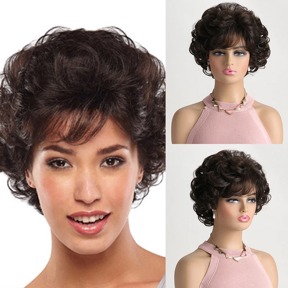 

Wig for Women Short Curly Hair Brown Wigs with Bang Synthetic Daily Use Heat Resistant Fiber Wigs