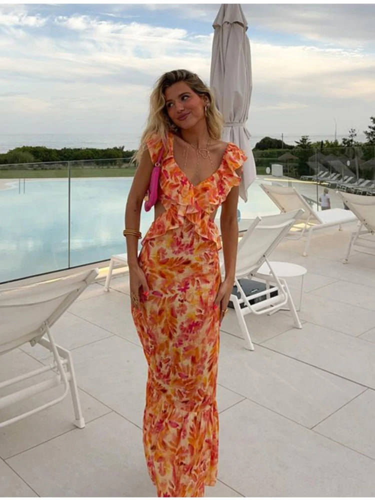 2023 Summer Vacation Ruffles Lady Beach Robe Sexy Backless Print Dress Women Butterfly Sleeve Hollow Out Bandage Long Dresses
2023 Summer Vacation Ruffles Lady Beach Robe Sexy Backless Print Dress Women Butterfly Sleeve Hollow Out Bandage Long Dresses