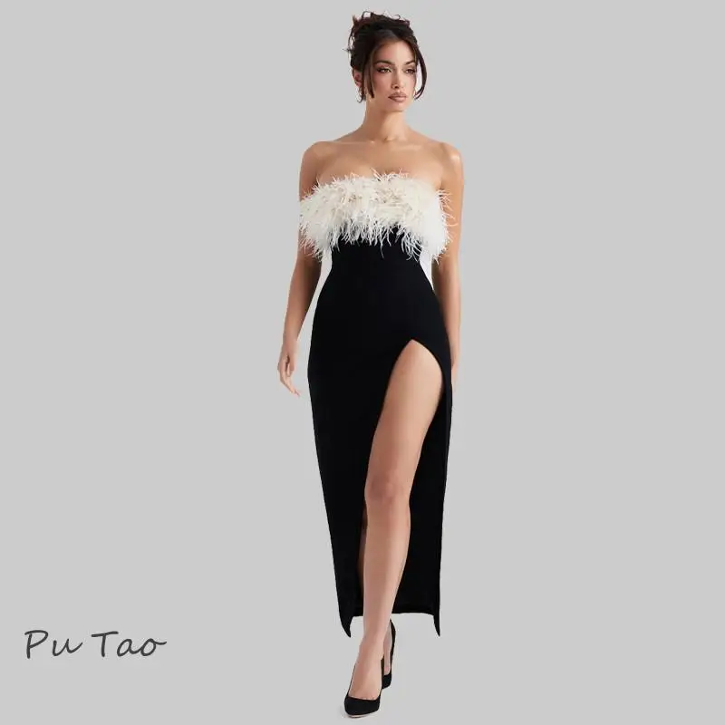 

Putao Formal Party Dresses For Women Sexy Prom Dress Strapless With White Feather Tight Black Bandage Long Evening Dress Gowns