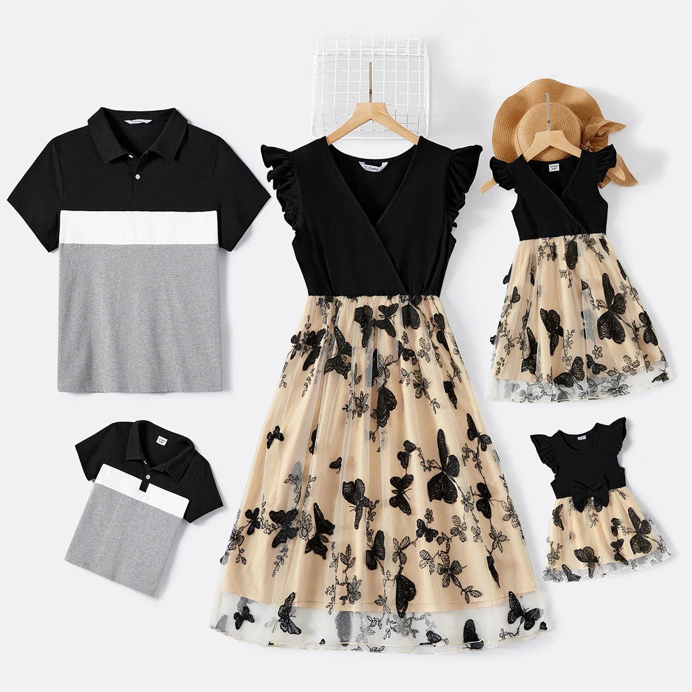 

PatPat Family Matching Solid V Neck Flutter-sleeve Splicing Butterfly Print Dresses and Short-sleeve Colorblock T-shirts Sets