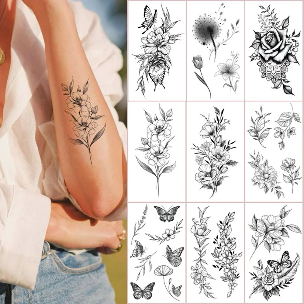 

Sexy Flower Body Art Tattoo Sticker Waterproof Women Arm Legs Temporary Stickers Long Lasting Black Rose Cool Female Tattoos