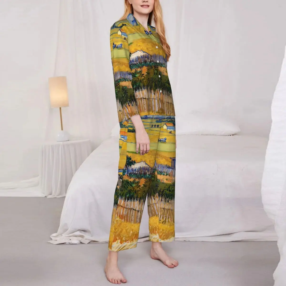 

Пижама женская Винсента Ван Гога, ночная одежда для сна Harvest at La Crau, повседневный комплект из 2 предметов, домашний костюм большого размера с длинными рукавами