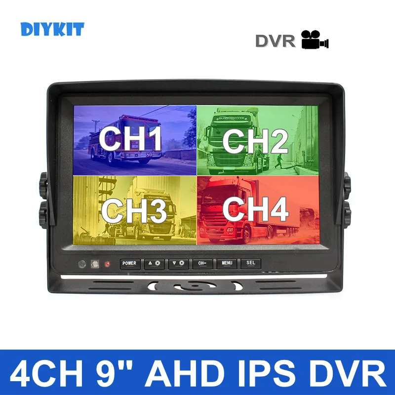 

DIYKIT 4PIN 9inch AHD IPS 4 Split Quad LCD Screen Car Rear View Monitor Max Support 1080P AHD Camera with Video Recording