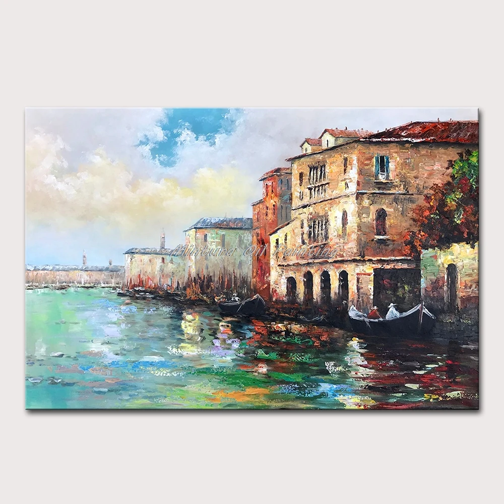 

Mintura Wall Pictures for Living Room Oil Paintings on Canvas,Hand-Painted The Village By The Sea Hotel Decor Wall Art, No Frame