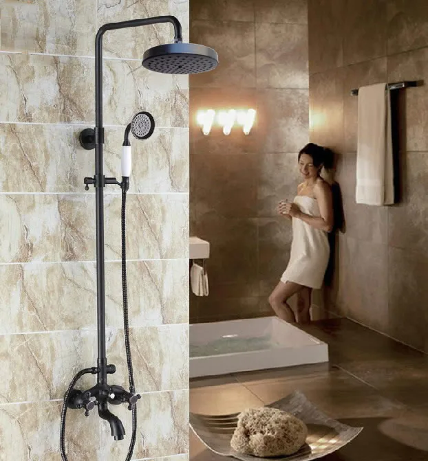 

Oil Rubbed Bronze Wall Mounted Bathroom Faucet Set Bath Tub Rainfall/Handheld Shower Hot And Cold Water Mixer Taps Kit 2rs457