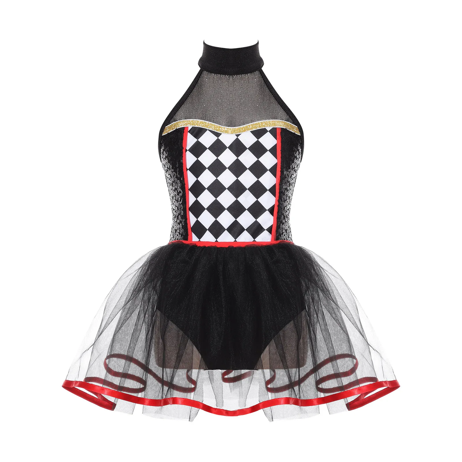 

Kids Girls Halloween Doll Clown Cosplay Costume Carnival Ballet Dancewear Halter Neck Checkerboard Sequins Tutu Leotard Dress