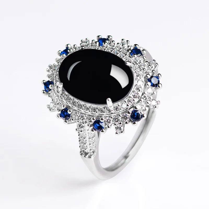 

S925 Silver Natural A Goods Jade Ring Black Jade Inlaid with Sapphire Upscale Women's Adjustable Amulet Luxury Elegant Jewelry