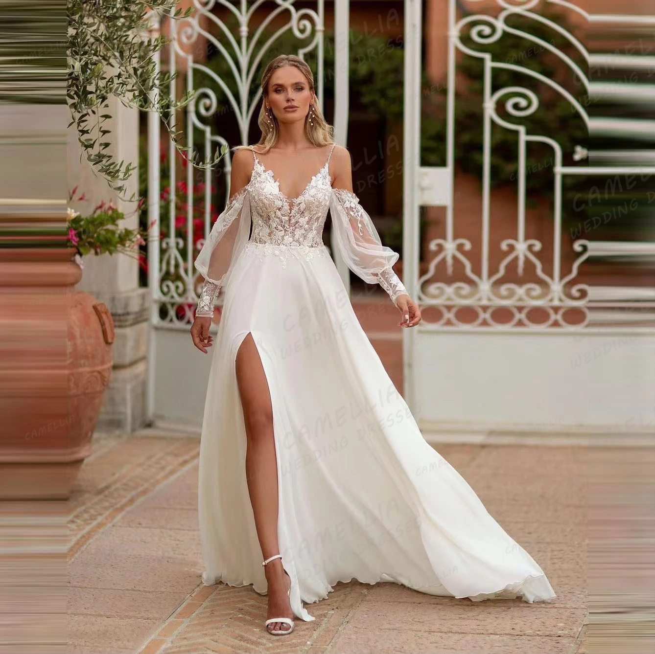 

Chiffon 2024 Wedding Dresses A Line Sexy Off Shoulder Long Sleeve Women's Bridal Gowns Split Appliques V Neck Elegant Veatidos