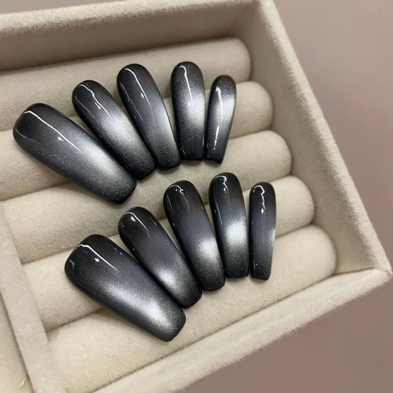 

10 Deluxe Handmade Coffin Nails Black Starry Cat Eyes ins Style Fashion Hottie Original Design Covered Fake Nails Reusable