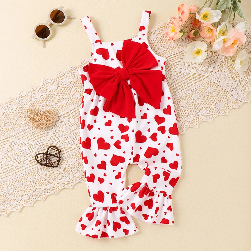 

Baby Girls Valentine's Day Jumpsuit Sleeveless Heart Print Bow Decorathed Suspender Pants Overalls 3-24Months