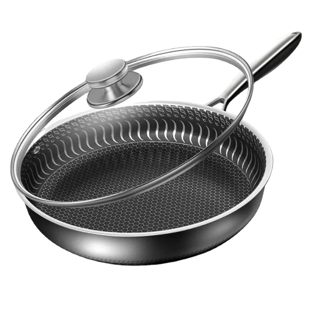 

24CM Pan with Lid 316 Stainless Steel Frying Pans Non-stick Uncoated Wok Pan Double-sided Honeycomb Skillet