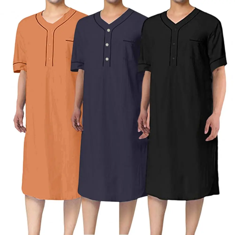 V-neck Nightgown Comfortable Men's V-neck Short Sleeve Nightgown with Patch Pocket Solid Color Mid-calf Length Sleep for Leisure
V-neck Nightgown Comfortable Men's V-neck Short Sleeve Nightgown with Patch Pocket Solid Color Mid-calf Length Sleep for Leisure