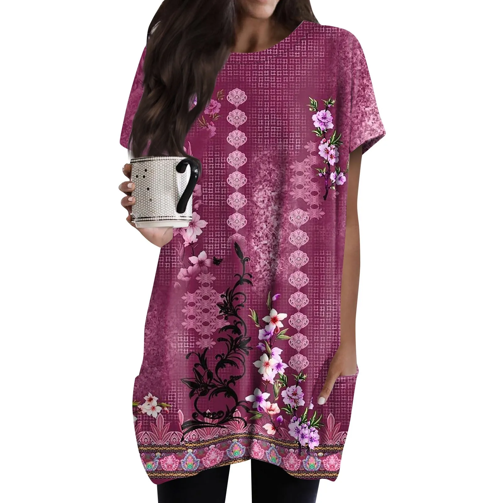 Women's Round Neck Pocket Vintage Floral Printed Short Sleeve With Pocket Midi Long T-Shirt Top قمصان وبلوزات 한국인후기많은옷
Women's Round Neck Pocket Vintage Floral Printed Short Sleeve With Pocket Midi Long T-Shirt Top قمصان وبلوزات 한국인후기많은옷