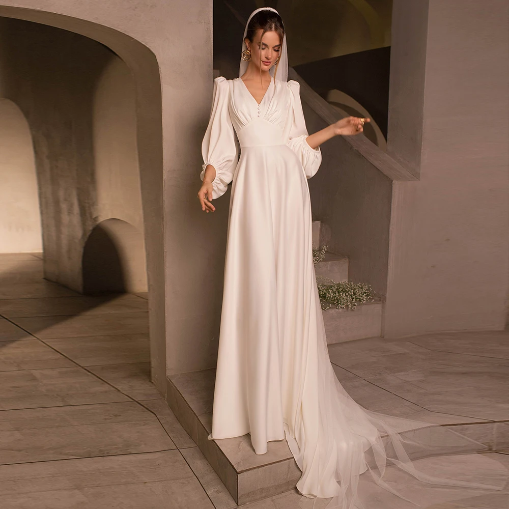 

Long Sleeve V Neck Perfect Elegant Wedding Dress For Woman Sweep Train A Line Civil Bridal Gown White Свадебное платье 2023