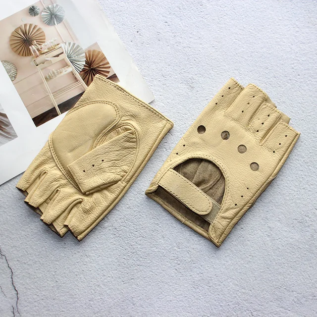 Gants demi-doigt en cuir pour femmes, mitaines courtes, section fine, non doublées, moto, conduite, printemps et automne 2