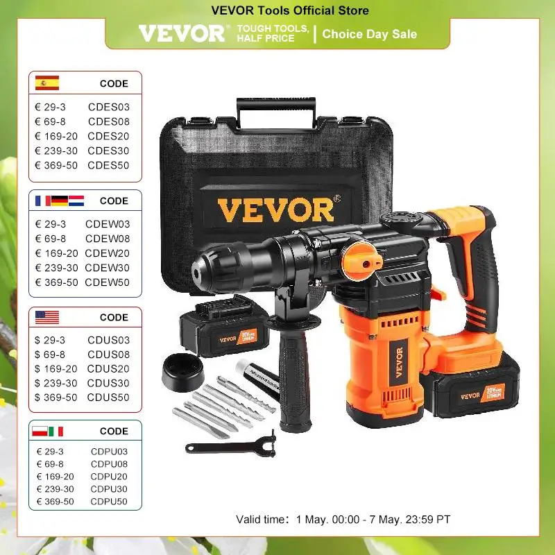 VEVOR 20V Rotary Hammer Drill Max Drilling 26mm 3 Modes SDS-Plus Concrete Chipping Cordless Breaker Perforator
VEVOR 20V Rotary Hammer Drill Max Drilling 26mm 3 Modes SDS-Plus Concrete Chipping Cordless Breaker Perforator