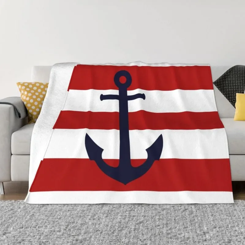 

NEW Nautical Navy Blue Anchor On Red Stripes Blankets Warm Flannel Sailing Sailor Throw Blanket for Bedroom Office Bedspreads