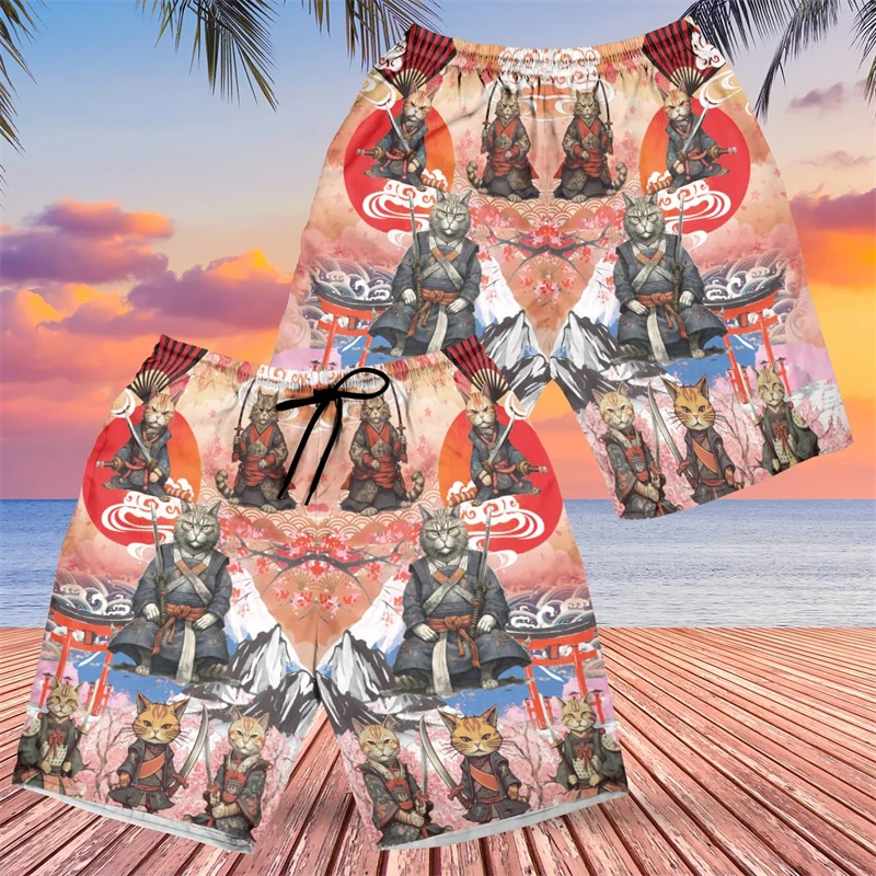 

Japanese Samurai Beach Shorts Harajuku Fashion Short Pants For Men Hawaiian Trunks Warrior Trousers Knight Cat Ghost Boardshorts