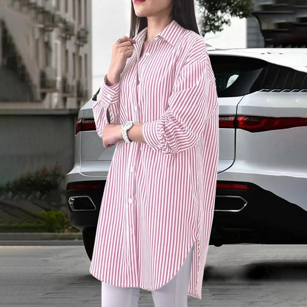 Loose Top Striped Print Loose Split Hem Women's Shirt with Single-breasted Turn-down Collar Long Sleeve Buttons Soft for Spring
Loose Top Striped Print Loose Split Hem Women's Shirt with Single-breasted Turn-down Collar Long Sleeve Buttons Soft for Spring