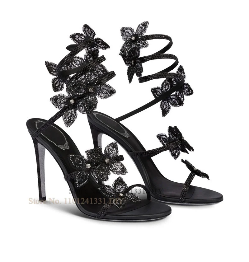 

Black Suede Leather Twist Crystal Flowers Embellished Thin High Heel Sandals Women Ankle Wrap Stiletto Heeled Party Shoe