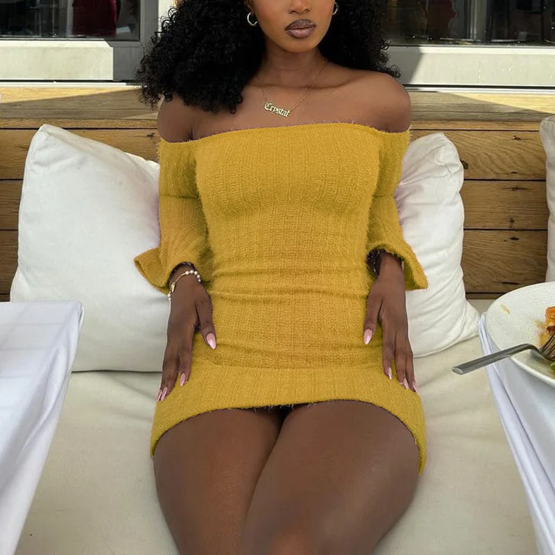 Spicy One-oulder Women's Dress High Waist Bodycon Short Skirt Long Sleeve Polyester Fabric Pure Color Elegant Lady Dresses Spicy One-oulder Women's Dress High Waist Bodycon Short Skirt Long Sleeve Polyester Fabric Pure Color Elegant Lady Dresses
