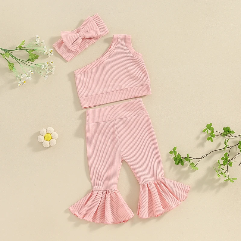 

Toddler Baby Girl Summer Clothes Solid Color One Shoulder Ribbed Crop Tops Bell Bottoms Headband 3Pcs Outfits Set