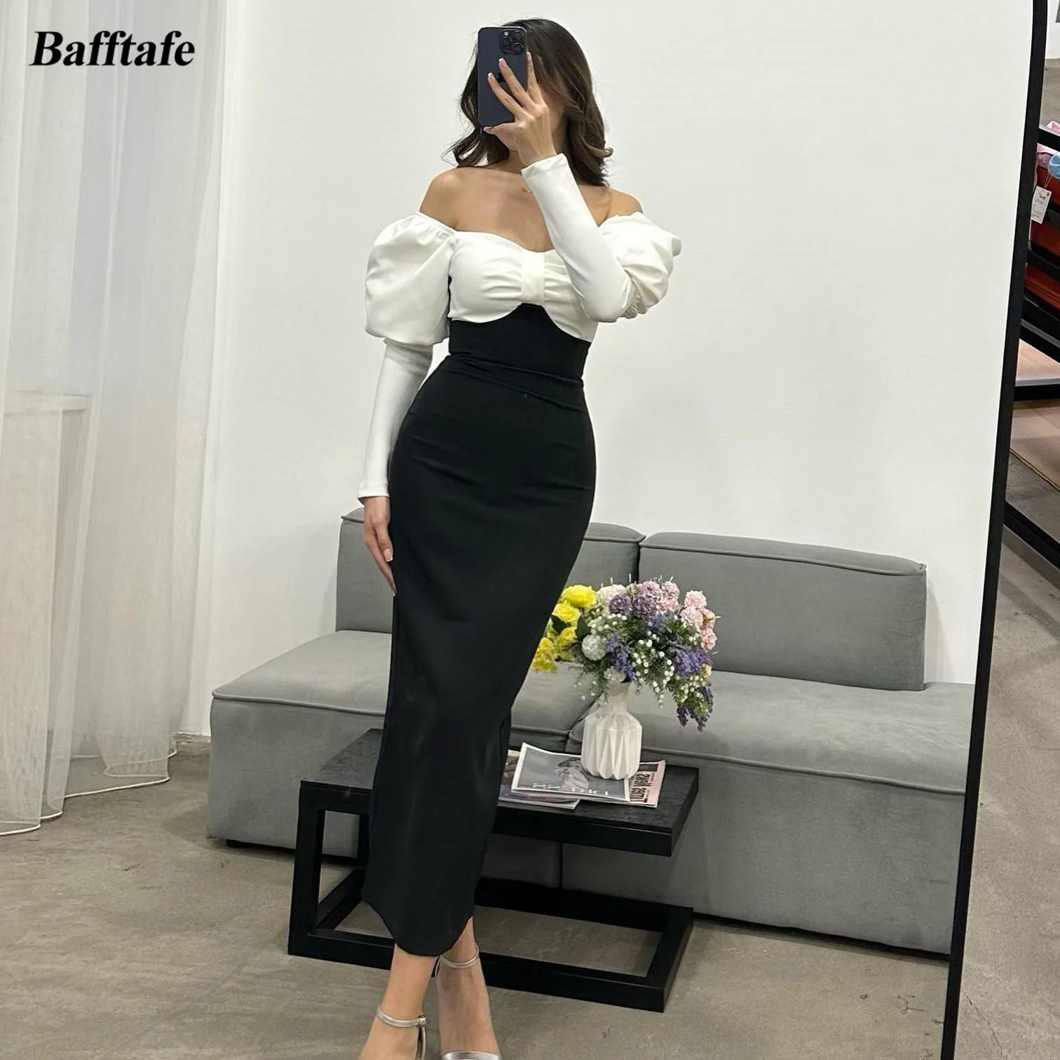 

Bafftafe Black Ivory Sheath Evening Prom Dresses Matte Satin Long Sleeves Women Party Gowns Ankle Length Formal Lady Dress 2024