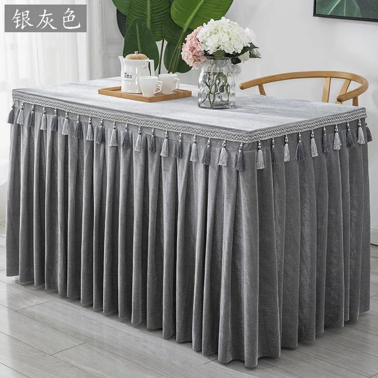 

Tassel Border Gold Velvet Tablecloth Rectangular Hotel Conference Table Skirt Banquet Non-slip Pleated Large Skirt Table Cover