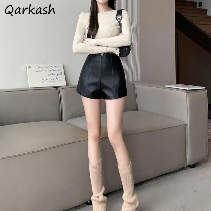 

Shorts Women Pu High Waist A-line Korean Casual Style Spliced Solid Fashion Chic All-match Streetwear Slim Fitting Zipper Fly