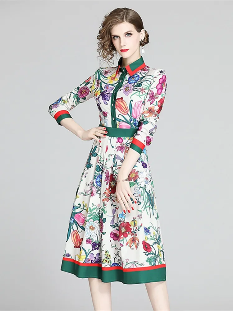 

2023 Shirt Overlay Flower Print Dress Women Single-Breasted Wrist Sleeve Fit and Flare Slim Swing Party Elegant Midi Vestidos