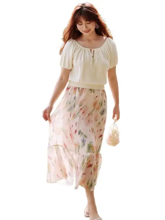 

Summer New Girlish Chiffon Medium Length Skirts Fresh Printed High Waist A-Line Lightweight Flowy Cozy Gentle Flounces Vestidos