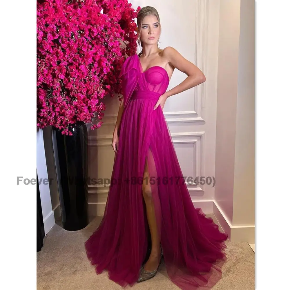 

Тюлевое платье с одним открытым плечом, роскошное платье-люкс 2023 розового цвета, ТРАПЕЦИЕВИДНОЕ платье для выпускного вечера, Привлекательное платье с разрезом по бокам, вечернее платье на заказ