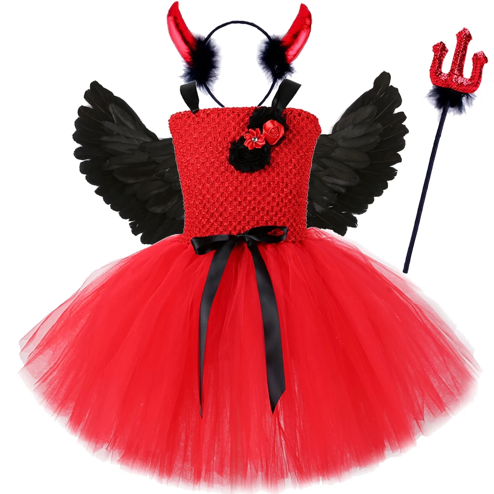 

Demon Angel Halloween Costumes for Girls Devil Vampires Cosplay Tutu Dress for Kids Carnival Party Outfits with Horns Wings Fork